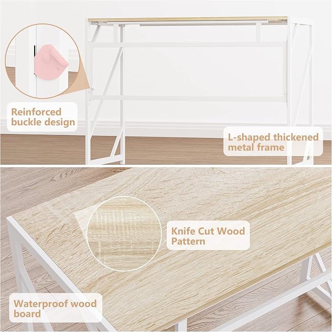 Elephance Folding Desk Writing Computer Desk for Home Office No-Assembly | Study Office Desk,Foldable Table for Small Spaces,39.4 Inch,Beige - Image 5