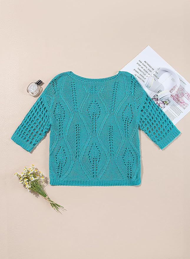EVALESS Womens Crochet Hollow Out Knit Tops Half Sleeve Spring Summer Sweaters Beach Cover Ups for Women Trendy 2026 - Image 3
