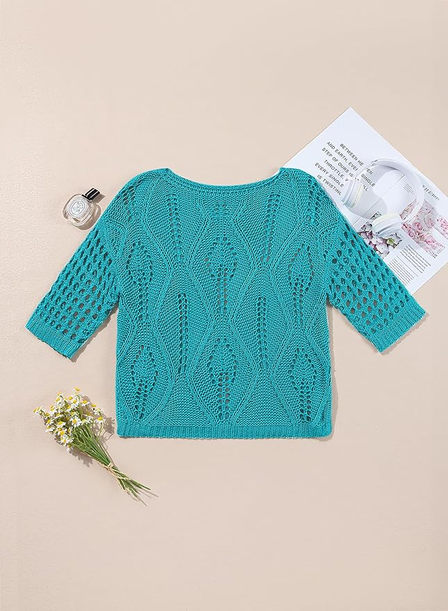 EVALESS Womens Crochet Hollow Out Knit Tops Half Sleeve Spring Summer Sweaters Beach Cover Ups for Women Trendy 2026 - Image 3