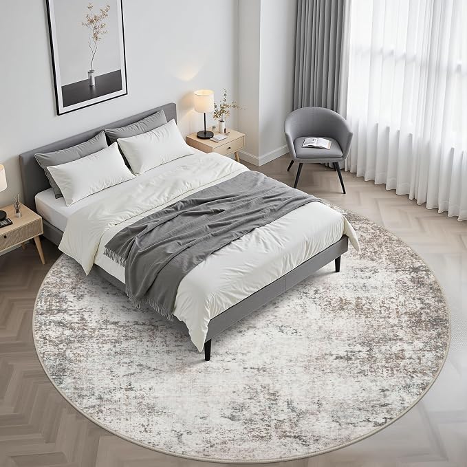 Round Area Rug for Living Room: 6 ft Washable Modern Abstract Soft Thin Rug Indoor Floor No Slip Stain Resistant Carpet for Bedroom Dining Room Farmhouse Nursery Home Office - Brown Grey - Image 2