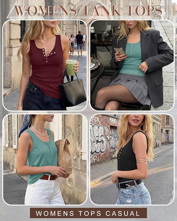 Ficerd 3 Pack Women's Henley Tank Tops Sleeveless Button Down Summer Shirts 2026 Casual Trendy Loose U Neck Tee Blouses - Image 4