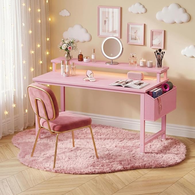 Lufeiya Girls Desk with Power Outlets and LED Lights, 40 Inch Gaming Desk Table with Charging Station, Home Office Computer Desks with Monitor, Pink - Image 6