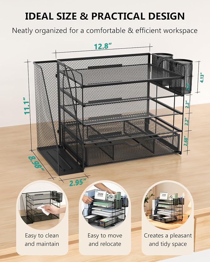 WALI Desk File Organizer, 5 Tier Desktop Paper Letter Tray Organizer with Drawer and 2 Pen Holders, Office Desk Accessories & Workspace Organizers for Office, Home Supplies(DO006DH-B), 1 Pack, Black - Image 8