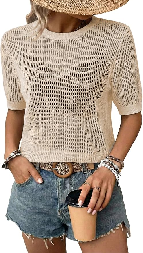 Dokotoo Womens Summer Short Sleeve Crochet Tops Hollow Out Floral Sweaters Beach Vacation Cruise Outfits by Dokotoo