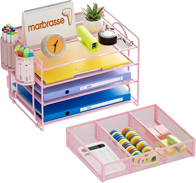 Marbrasse Desk Organizer, 4-Tier Paper File Letter Tray, Pink-2P | Sturdy Paper Tray, File Holder, Built-in Drawer, 2 Pen Slots, fits Letters/Files, for School Home Office Supplies - Image 2