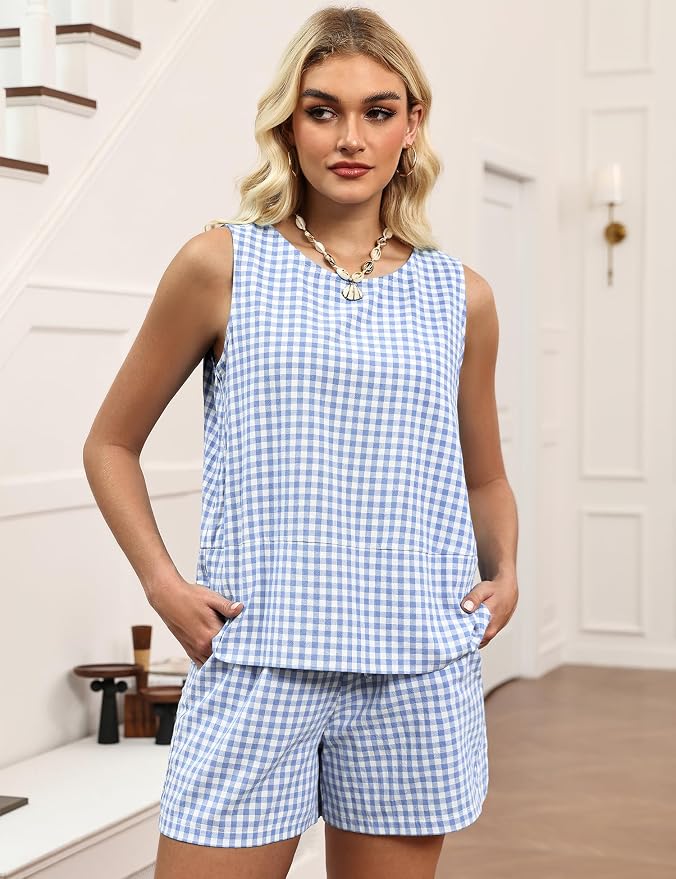 LOMON Women's Trendy 2 Piece Outfits Shorts Sets Summer Crew Neck Sleeveless Tank Top and Bottom Matching with Pockets 2026 - Image 4