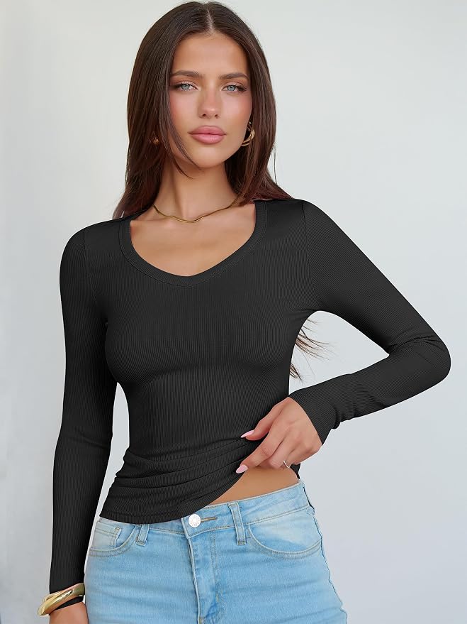 ANRABESS Long Sleeve V Neck Shirts for Women | Soft Comfy Ribbed Knit Fitted Tshirts, Casual Going Out Tops, 2026 Trendy Basic, Fall Winter Underscrub Layering Clothes - Image 6