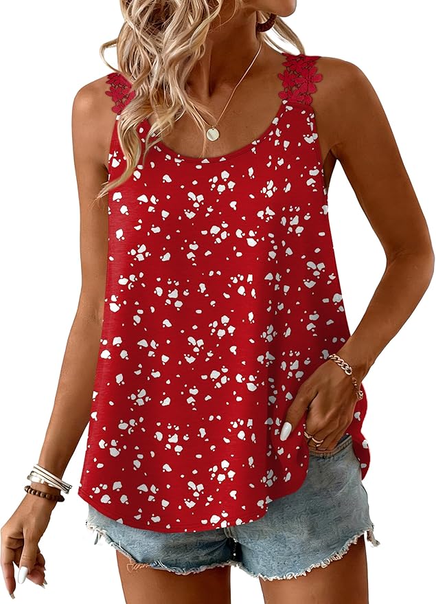 OFEEFAN Tank Top for Women Loose Fit Crew Neck Sleeveless Shirts Strap Lace Camisole Chiffon Summer Tops Curved Hem by OFEEFAN