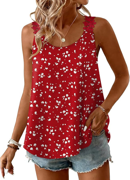 OFEEFAN Tank Top for Women Loose Fit Crew Neck Sleeveless Shirts Strap Lace Camisole Chiffon Summer Tops Curved Hem by OFEEFAN