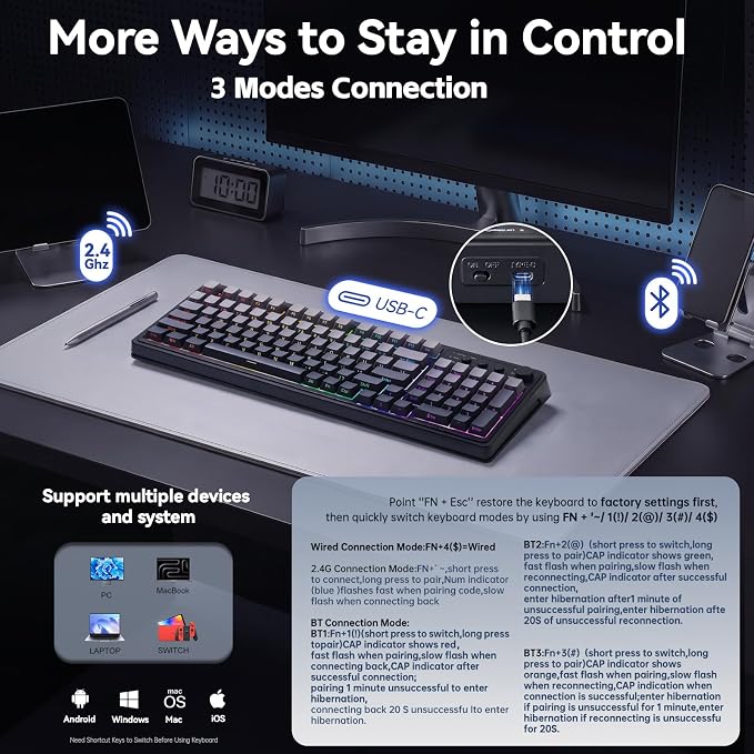 AULA Keyboard Gaming Wireless Creamy Computer Keyboards with Number Pad | Side-printed Light Transmission Letters Keyboard,99 Keys,RGB Backlit,Tri-Mode BT/2.4GHz/USB-C Connection,Gradient Grey - Image 4