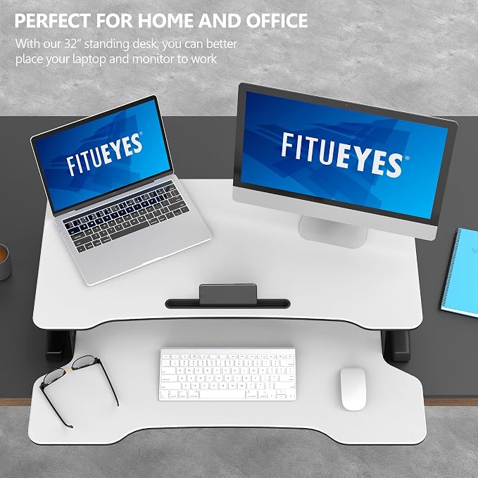 FITUEYES Height Adjustable Standing Desk 32” Wide Sit to Stand Converter Stand Up Desk Tabletop Workstation for Laptops Dual Monitor Riser White SD308003WW - Image 5