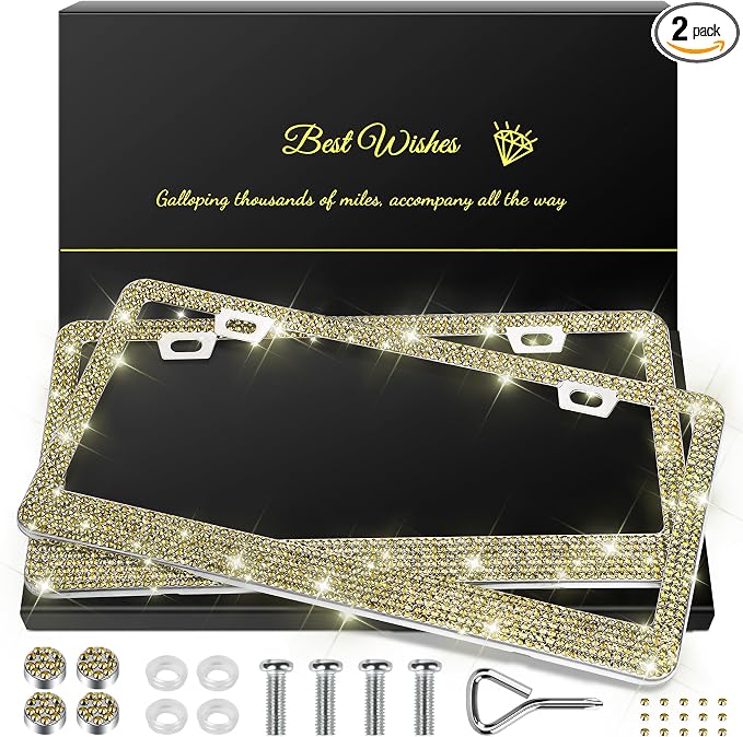 QUANQIUFEI 2 Pack Bling License Plate Frames for Women, Sparkly Rhinestone Diamond Car Accessories with Glitter Crystal Caps (Gold) by QUANQIUFEI