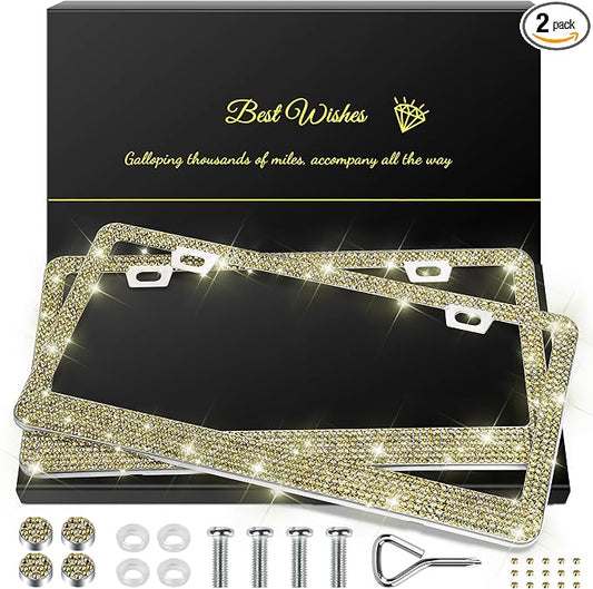 QUANQIUFEI 2 Pack Bling License Plate Frames for Women, Sparkly Rhinestone Diamond Car Accessories with Glitter Crystal Caps (Gold) by QUANQIUFEI