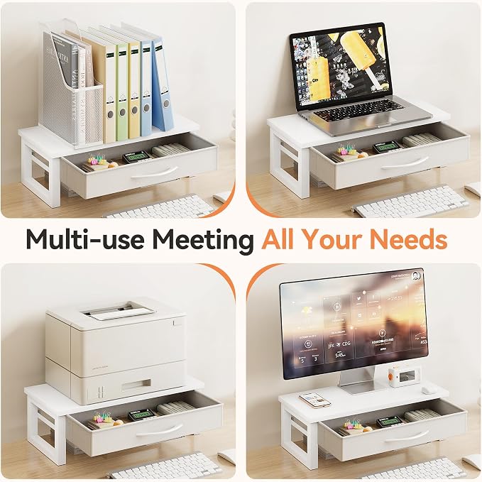 Desk Organizers and Accessories, Computer Monitor Stand Riser with Drawer, White Laptop Stand for Desk with Storage, Office Organization, Wood - Image 7
