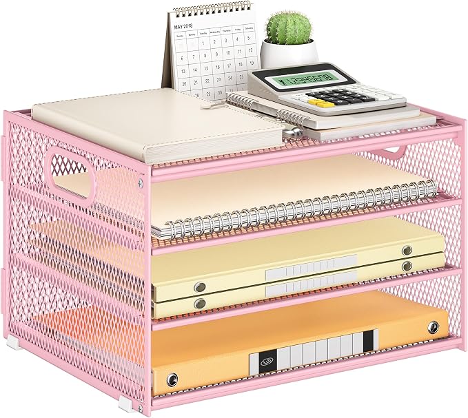 Subekyu Paper Letter Tray Organizer for Desk, Pink Metal Mesh Desk File Sorter Organizer with Handle and 2 Sliding Trays for Home Office School Supplies Organization by SUBEKYU