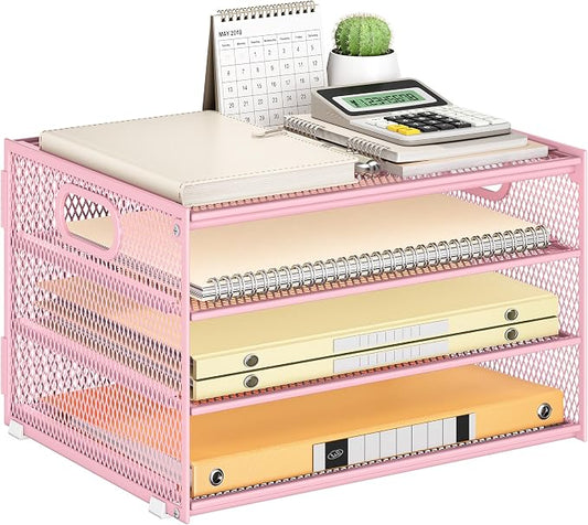 Subekyu Paper Letter Tray Organizer for Desk, Pink Metal Mesh Desk File Sorter Organizer with Handle and 2 Sliding Trays for Home Office School Supplies Organization by SUBEKYU