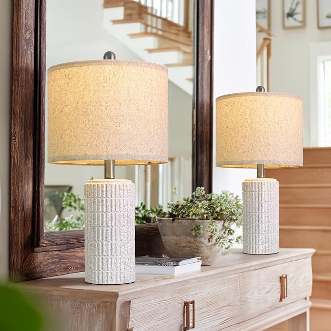 PoKat 20.75" Stone-Like Farmhouse Ceramic Table Lamps Set of 2 for Bedroom, White Bedside Lamps for Night Stands, Matte-Textured Decor Nightstand Table Lamps for Living Room End Table White - Image 2