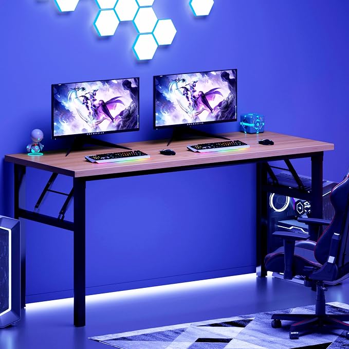 Need Office Computer Desk 54.3 Inch Sturdy Folding Laptop Table Teak | Black Frame Writing Gaming Work Table/Foldable Home Office Desk/Sewing Table, No Assembly Required - Image 2