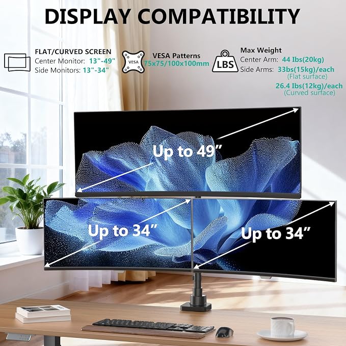 WALI Triple Monitor Mount - Extra Tall 3 Monitor Desk Mount for 17-49 Inch Ultrawide Screens, Up to 44 lbs, Fully Adjustable Heavy Duty Monitor Arm, VESA 75/100 mm (GSDM003-P), Black - Image 2