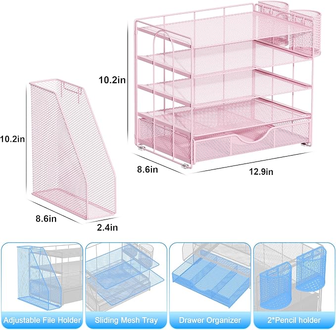 gianotter 5-Tier Desk Organizer with Drawers and File Holders | Letter Trays and Pen Holders - Workspace Accessories for Office Supplies (Pink) - Image 5