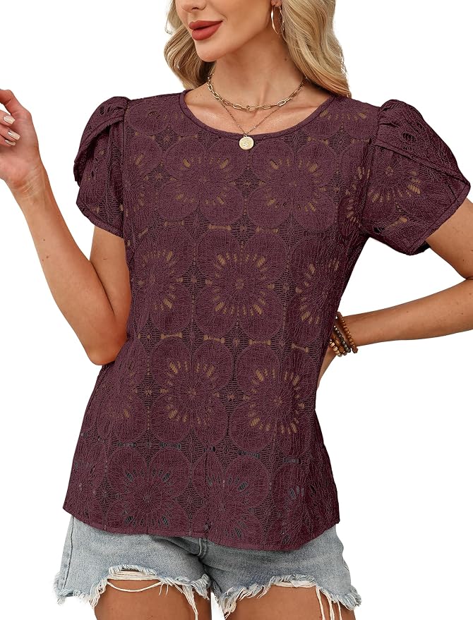 OFEEFAN Blouses for Women Dressy Casual Petal Short Sleeve Shirts Crochet Lace Boho Tops Spring Fashion Summer Outfits - Image 3