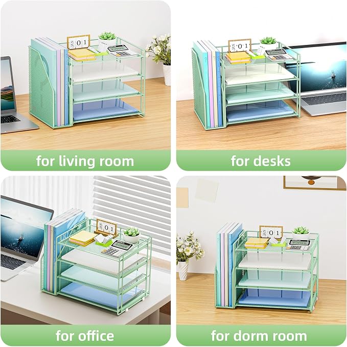 Marbrasse 4-Tier Paper Tray Organizer with File Holder, Green | Sturdy Paper Tray, Built-in File Holder, fits Letters/Docs, Saves Desk Space, for School/Office/Home - Image 6