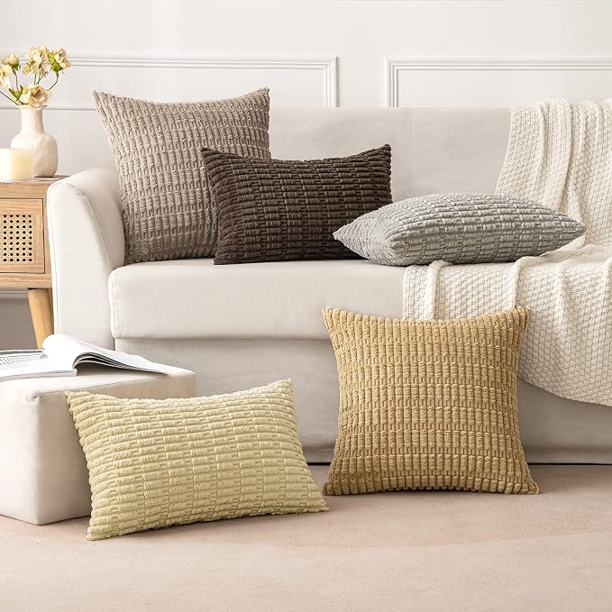 MIULEE Pack of 2 Corduroy Decorative Euro Sham Throw Pillow Covers 24x24 Inch Soft Boho Striped Pillow Covers Modern Farmhouse Home Decor for Sofa Living Room Couch Bed Beige - Image 3