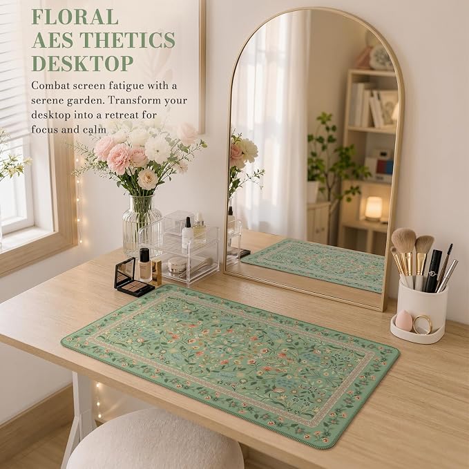 iCasso Aesthetic Flower Mouse Pad,23.6x13.7in Desk Pad, Light Green | Desk Matt for Desktop, Anti-Slip Mousepad with Stitched Edges for Laptop Computer Keyboard - Image 7