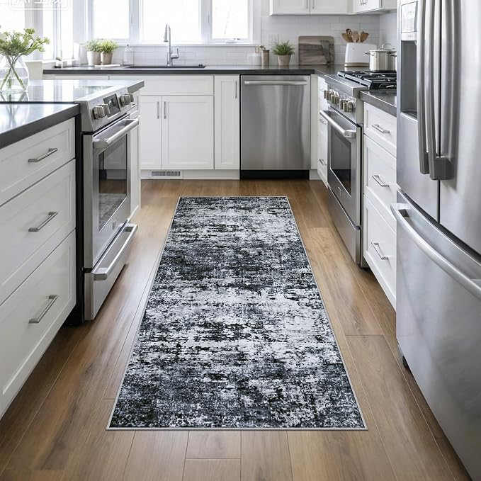 Washable Area Rug 3x8 Entryway Rug: Washable Modern Abstract Soft Thin Rug Indoor Floor No Slip Stain Resistant Carpet for Bedroom Dining Room Farmhouse Nursery Home Office - Black by FXRHLP