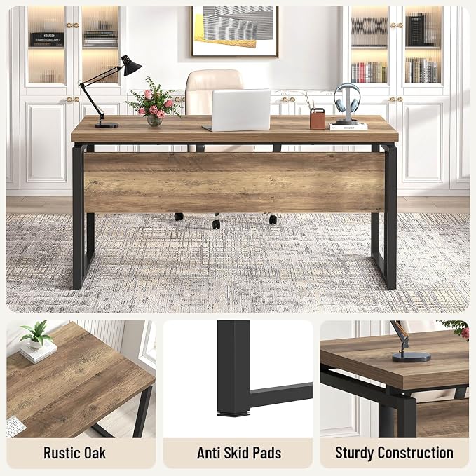 EXCEFUR Modern Computer Desk for Home Office, PC Laptop Gaming Desk, Metal Wood Study Writing Table Workstations for Bedroom Living Room, 53 Inch, Rustic Oak - Image 5
