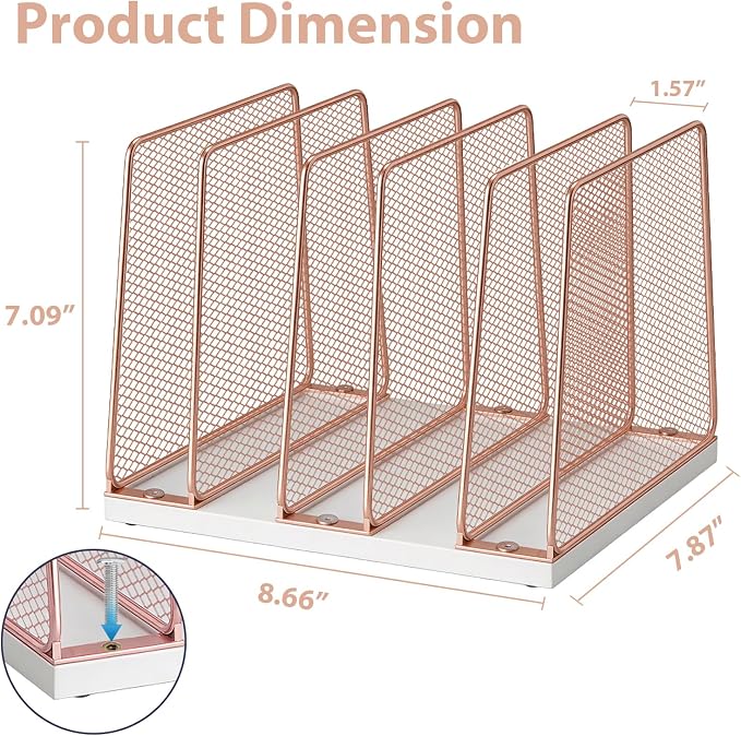 LEKETREE Rose Gold Desk File Organizer, 5-Section Upright File Sorter, Vertical File Folder Holder, Mesh Metal Wood Office Desktop Organization for Document, Magazine, Books and more (Rose Gold) - Image 6