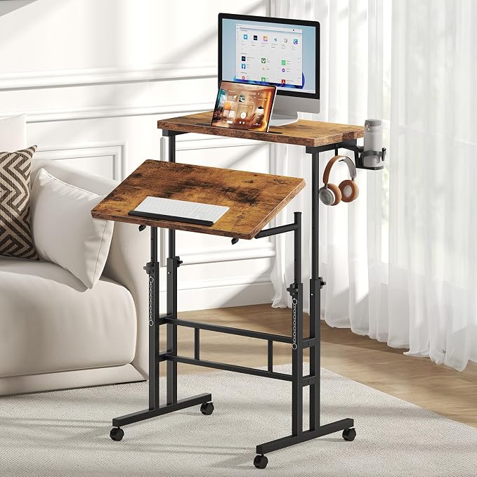 DUMOS Rolling Standing Desk, Sit Stand Desk, Computer Cart | 23.6 Inch Width, Height Adjustable, Split Top, Mobile Laptop Workstation, Office Table, Portable Design, Rustic Brown by DumosLifestyle