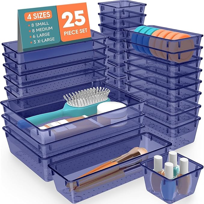 SpaceHacks 25 PCS Plastic Drawer Organizer Set, 4-Size Versatile Organizer Trays & storage Bins for Makeup, Jewelry, and Gadgets in Bathroom, Bedroom and Office,Dark Blue by SpaceHacks