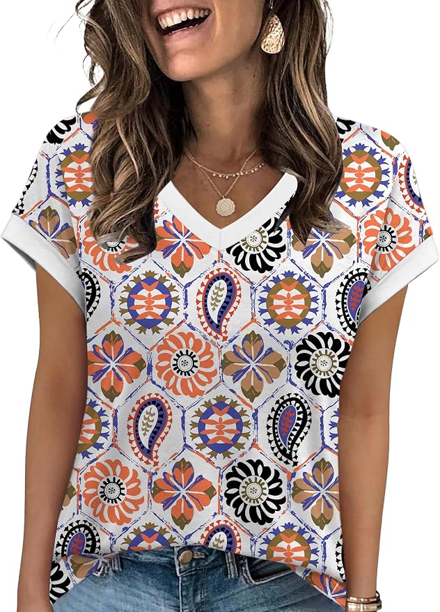 WIHOLL Womens Summer Tops 2026 Cap Short Sleeve Shirs V Neck T Shirts Fashion Beach Vacation Clothes Color Block - Image 3