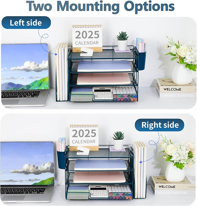 OPNICE Desk Organizer, 4-Tier Desktop File Organizer with Drawer and Pen Holders, Office Desk Accessories, File Sorters, Workspace Organizers for Office Supplies(Dark Blue) - Image 2