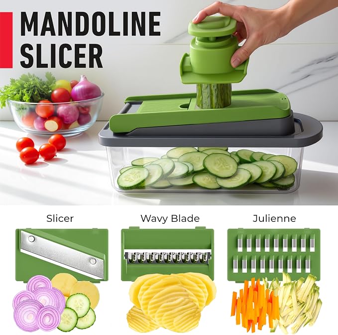 MUELLER HOME Pro-Series 10-in-1 Vegetable Chopper with Container, 8 Blade | Fruit Cutter, Dicer, Tomato Slicer, French Fry Cutter Potato Slicer, Salad Chopper, Gray/Green - Image 6