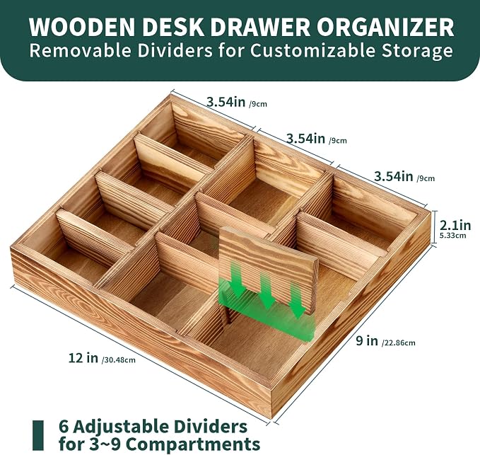Wooden Desk Drawer Organizer | 9-Slot Desktop Tray | Adjustable Drawer Storage Box for Pens, Keys, Watch, Sticky Notes | Farmhouse Home&Office Decor - Image 3