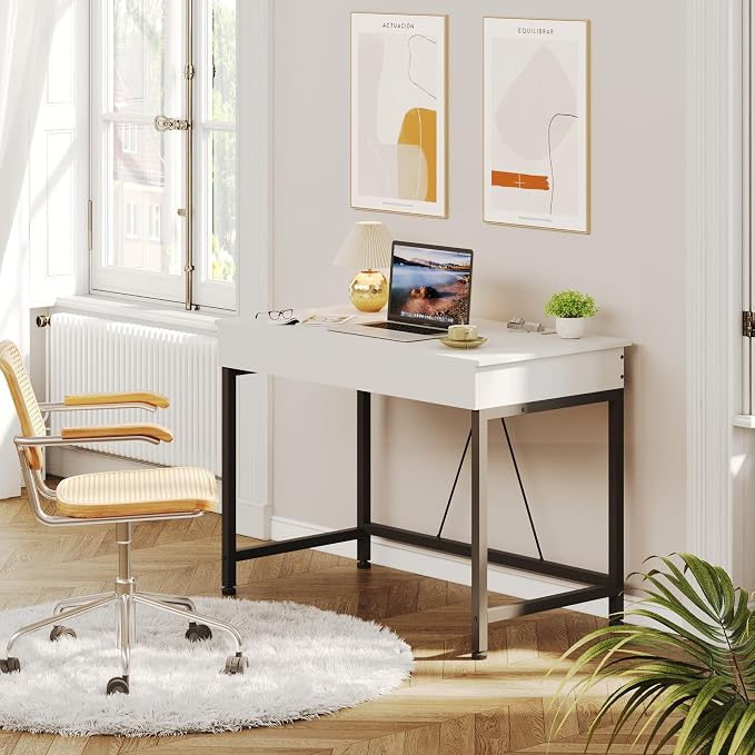 Mexin Small White Desk with 2 Wooden Drawers, 40 Inch Home Office Writing Desk, White Vanity Desk with Storage, Computer Desk for Bedroom Small Spaces, Table for Office, Work, Kids Study, Makeup - Image 8