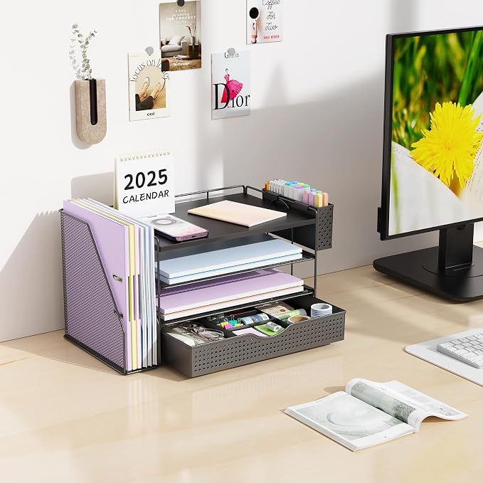 gianotter Wood Desk Organizers and Accessories with File Holder, 4-Tier Desk Accessories & Workspace Organizers with Drawer and Pen Holder, Desk Reference Organizer (Black, 4T with Drawer) - Image 3