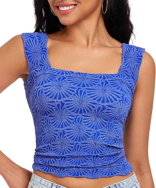 Women's Square Neck Wide Strap Crop Tank Tops Flower Going Out Tops Slim Fit Lettuce Trim Crop Cami Tops by NiceYourLife