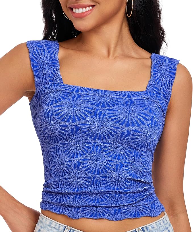 Women's Square Neck Wide Strap Crop Tank Tops Flower Going Out Tops Slim Fit Lettuce Trim Crop Cami Tops by NiceYourLife