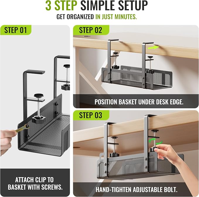 [Upgraded] 2 Pack Cable Management Under Desk Tray, Xpatee 27.6" No Drill Open Slots Cable Management Tray, Cord Wire Organizer Box with Clamp for Table Thickness up to 3" - No Desk Damage(Black) - Image 5