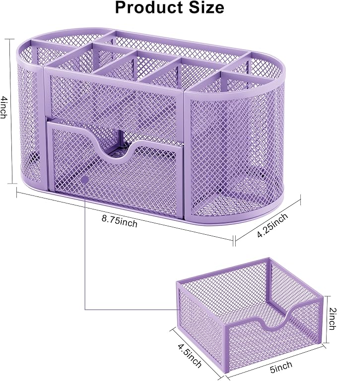 EasyPAG Mesh Pen Holder Desk Organizer with Drawer Stationery Supplies Organizer for Dorm School 9 Compartments Workspace Desk Accessories Organization for Office (Light Purple) - Image 7