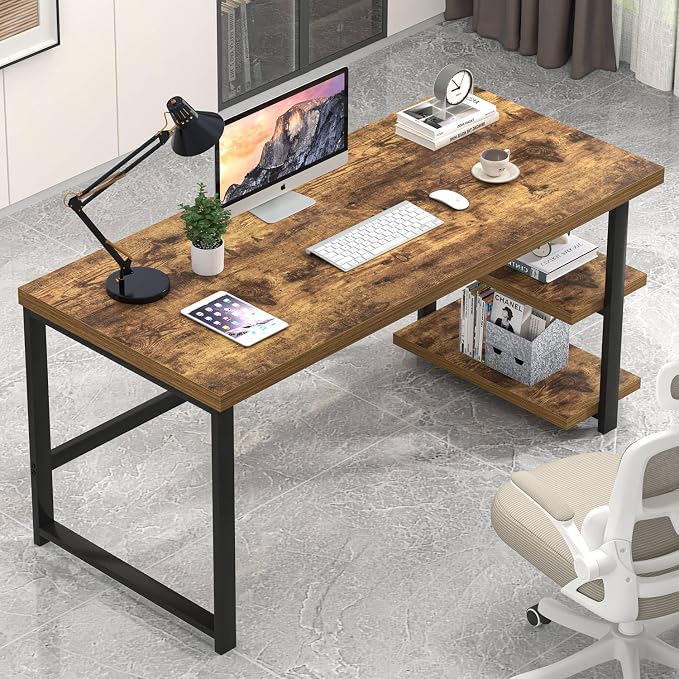 EXCEFUR Modern Computer Desk, Home Office Desk with Storage Shelf, Wood Study Writing Table Workstation for Bedroom Living Room, Rustic Brown, 53 Inch - Image 3