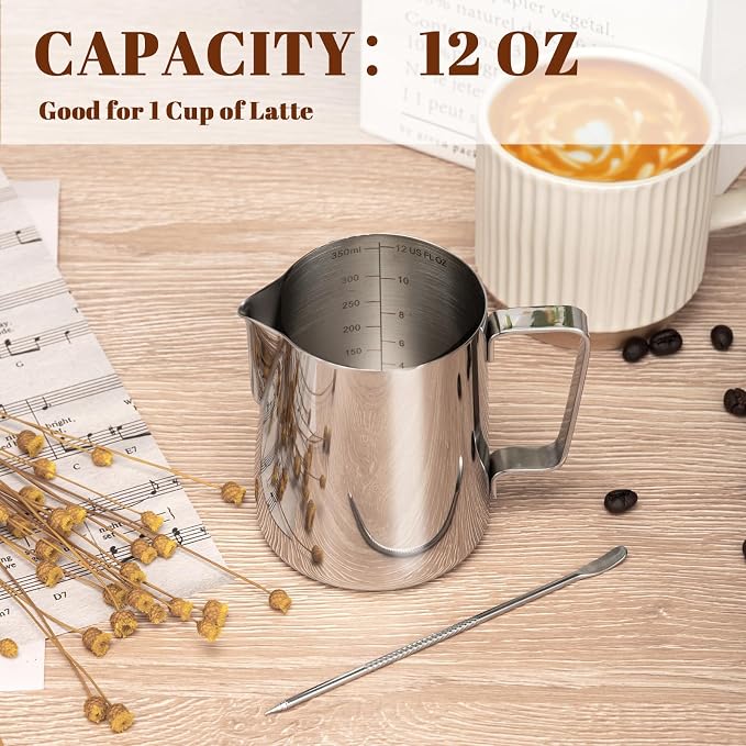 Amrules Milk Frothing Pitcher, 12oz Milk Frother Cup with Clear Scale, 304 Stainless Steel Cappuccino Espresso Machine Accessories for Barista Coffee Bar with Latte Art Pen, Silver - Image 4