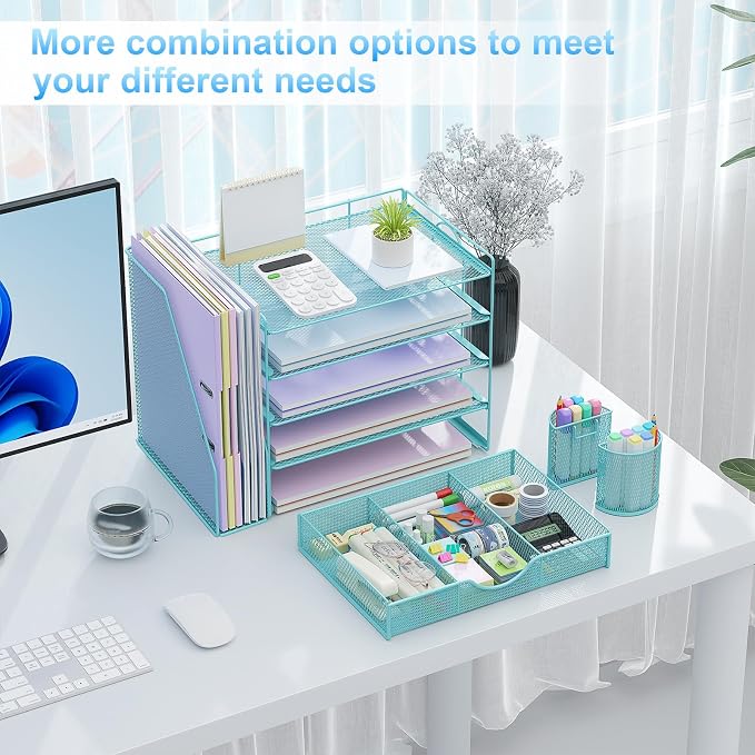 gianotter 5-Tier Desk Organizer with Drawers and File Holders | Letter Trays and Pen Holders - Workspace Accessories for Office Supplies (Blue) - Image 4
