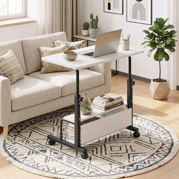 OLIXIS Rolling Desk, Storage Shelves, Laptop Table, Home Office | Height Adjustable Design, Computer Desks on Wheels, Portable for Small Spaces Use, White - Image 2