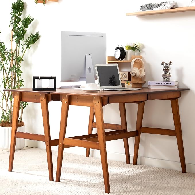 Nnewvante 46" Bamboo Writing Desk with Drawers for Home Office, Brown | Work Study Laptop Table, Computer Desk with Storage for Bedroom, Modern Simple Style - Image 4