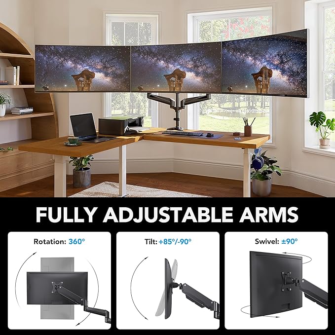 HUANUO Triple Monitor Mount for 17 to 32 inch Screens, Adjustment Gaming Triple Monitor Stand with Swivel, Tilt, Rotation, Clamp & Grommet Kit - Image 5