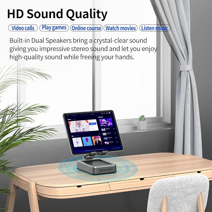 Jteman Wireless Bluetooth Speaker Tablet Stand, Adjustable with Bluetooth Speakers,Gifts for Women Men,Kitchen Gadget for Men,Compatible with Phones and Tablet (4.0-12.9'') - Graphite - Image 5